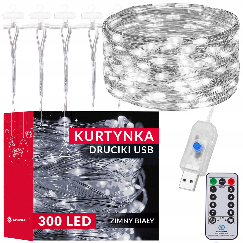 Kalėdinės užuolaidinės lemputės Springos 300 LED, 3x3 m, šaltai balta