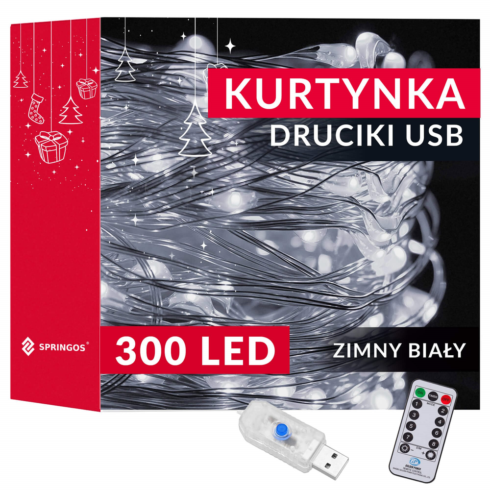 Kalėdinės užuolaidinės lemputės Springos 300 LED, 3x3 m, šaltai balta