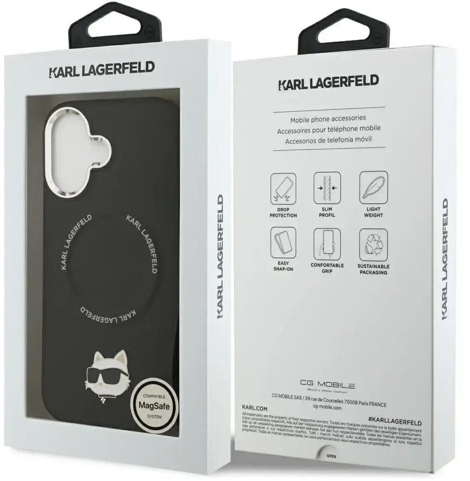 Karl Lagerfeld Choupette Pin MagSafe dėklas skirtas Apple iPhone 17 juodos spalvos