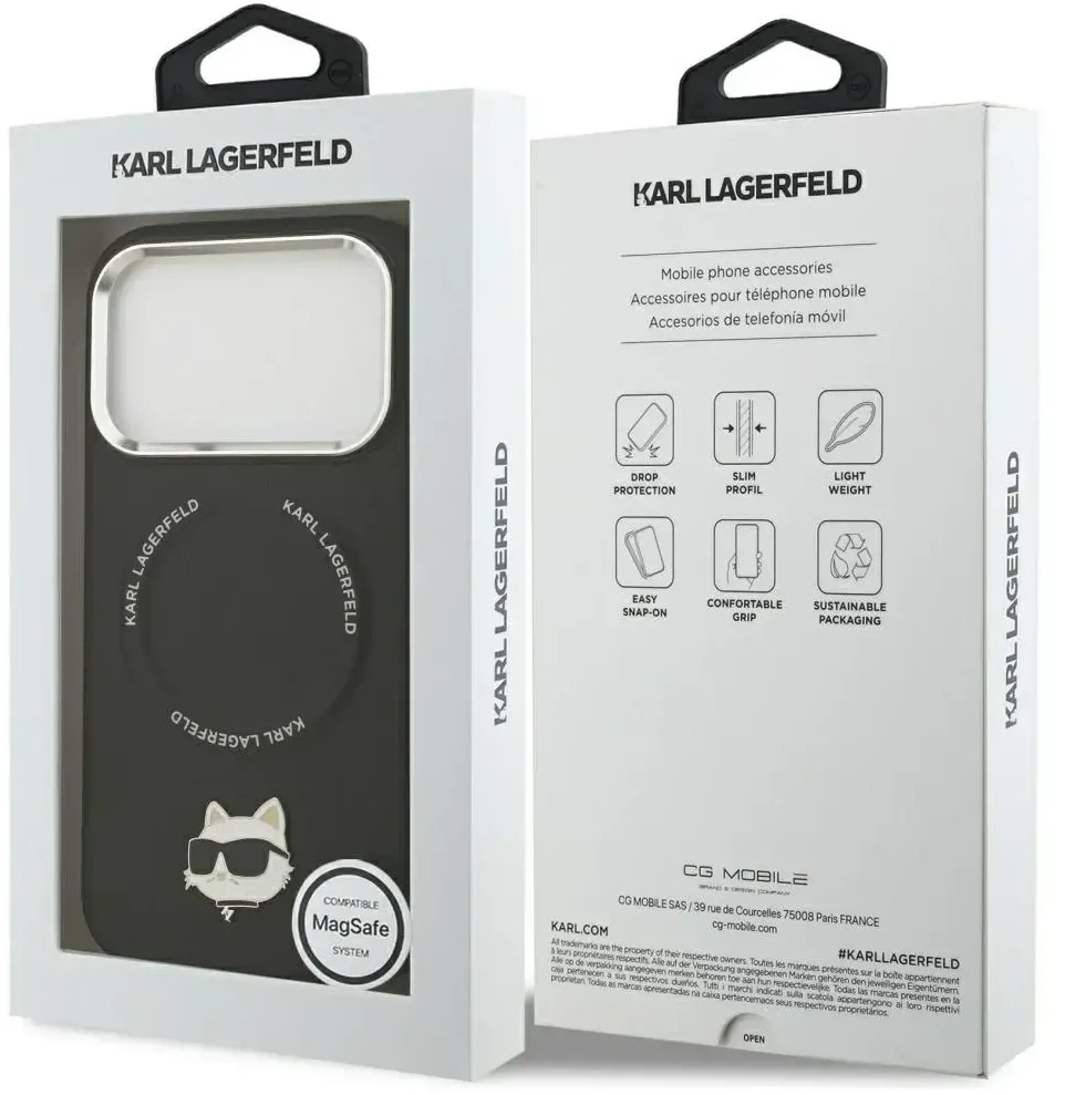 Karl Lagerfeld Choupette Pin MagSafe dėklas skirtas Apple iPhone 17 Pro Max juodos spalvos