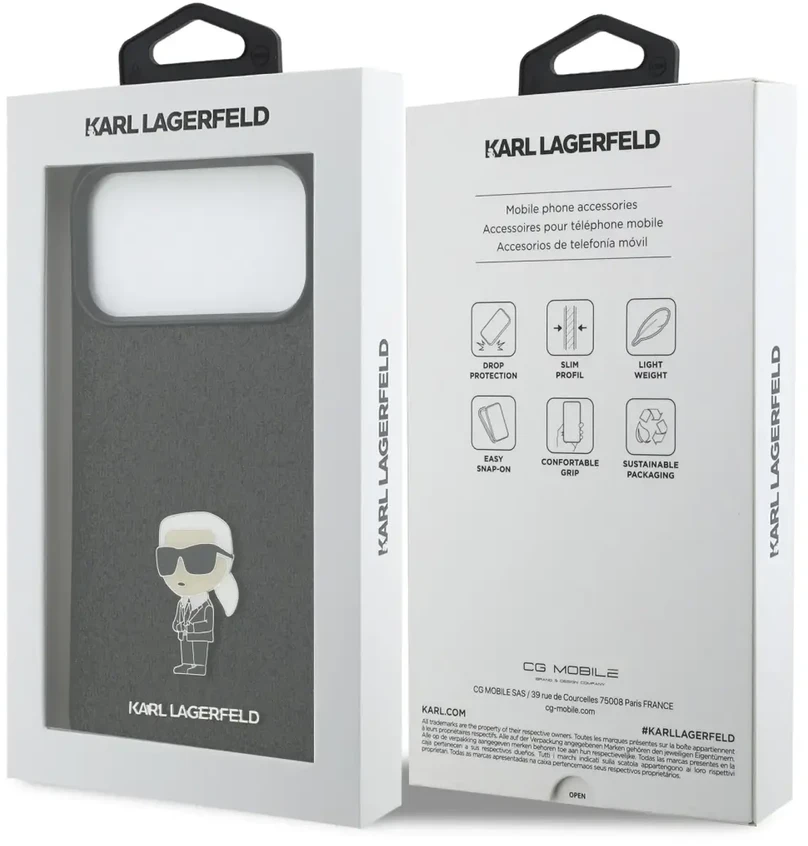 Karl Lagerfeld Fixed Glitter Metal Ikonik dėklas skirtas Apple iPhone 17 Pro Max juodos spalvos