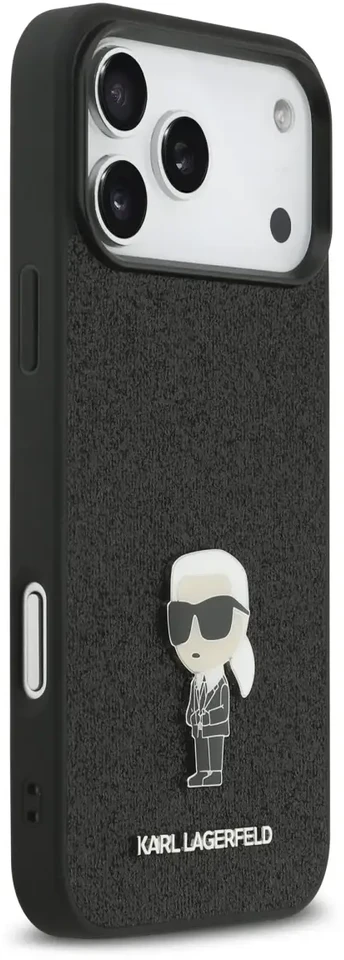 Karl Lagerfeld Fixed Glitter Metal Ikonik dėklas skirtas Apple iPhone 17 Pro Max juodos spalvos