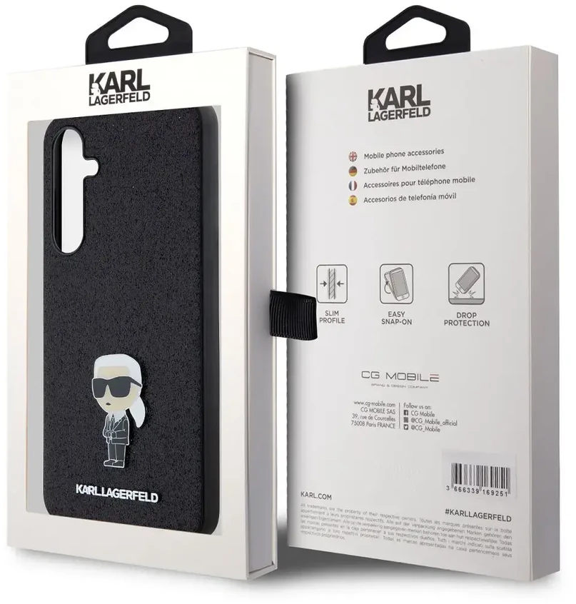 Karl Lagerfeld KLHCSA55GKNPSK A55 A556 juodos spalvos kietas dėklas Fixed Glitter Ikonik Logo Metal Pin