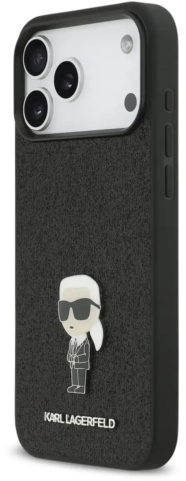 Karl Lagerfeld Fixed Glitter Metal Ikonik dėklas skirtas Apple iPhone 17 Pro Max juodos spalvos
