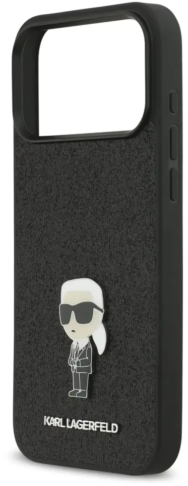 Karl Lagerfeld Fixed Glitter Metal Ikonik dėklas skirtas Apple iPhone 17 Pro Max juodos spalvos
