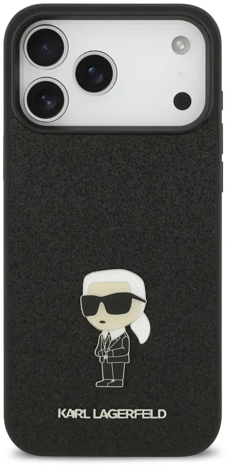 Karl Lagerfeld Fixed Glitter Metal Ikonik dėklas skirtas Apple iPhone 17 Pro Max juodos spalvos