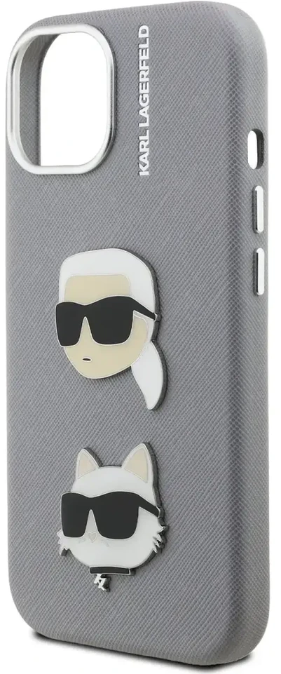 Karl Lagerfeld Grained PU K&CH Heads dėklas skirtas Apple iPhone 15 pilkos spalvos
