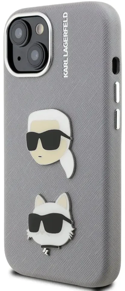 Karl Lagerfeld Grained PU K&CH Heads dėklas skirtas Apple iPhone 15 pilkos spalvos