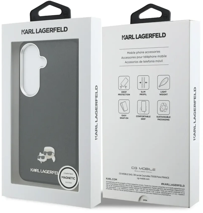 Karl Lagerfeld grūdėtos PU odos K&CH Heads telefono dėklas su MagSafe palaikymu, skirtas Samsung Galaxy S26+, juodas