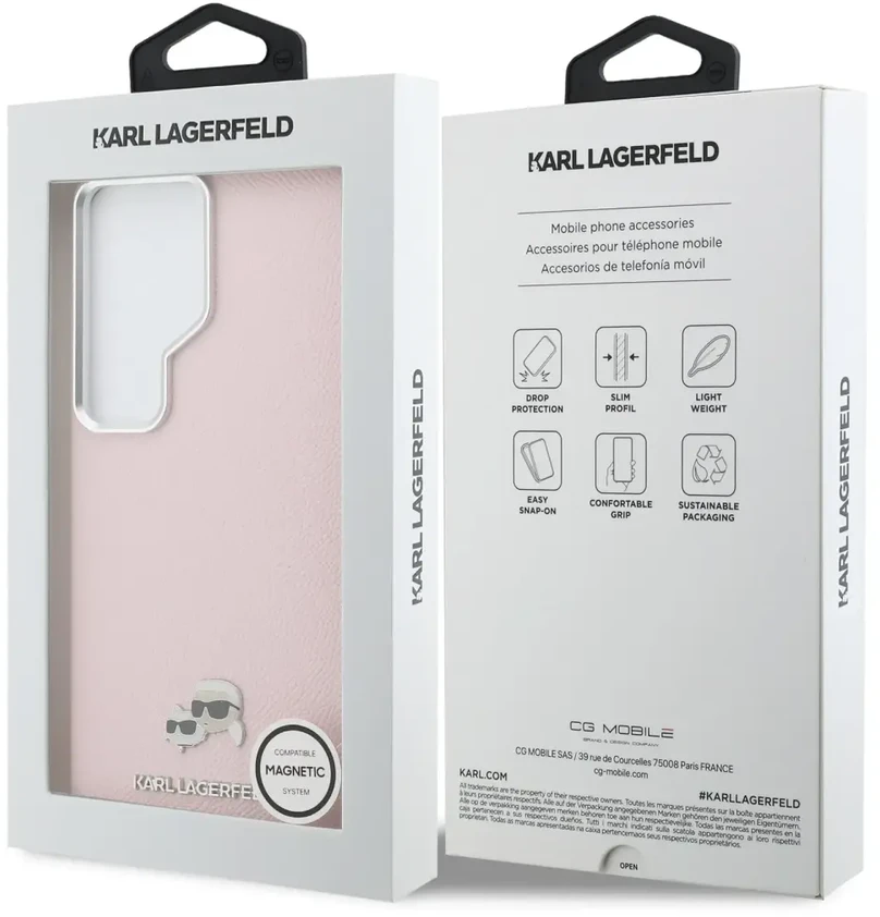 Karl Lagerfeld grūdėtos PU odos K&CH Heads telefono dėklas su MagSafe palaikymu, skirtas Samsung Galaxy S26 Ultra (S948) rožinis