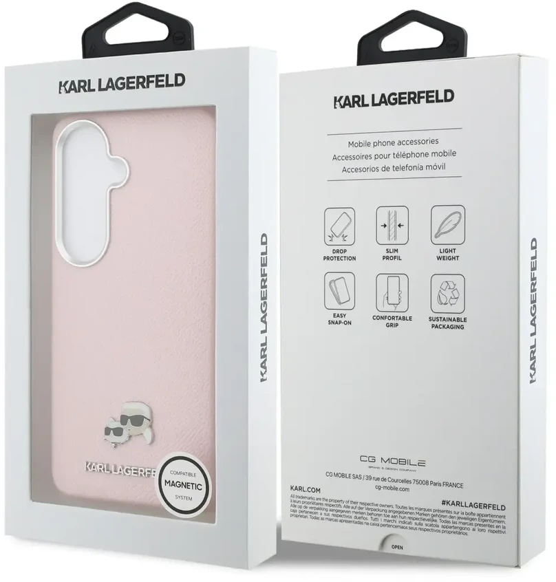 Karl Lagerfeld grūdėtos PU odos K&CH Heads telefono dėklas su MagSafe laikikliu, skirtas Samsung Galaxy S26 (S942), rožinis
