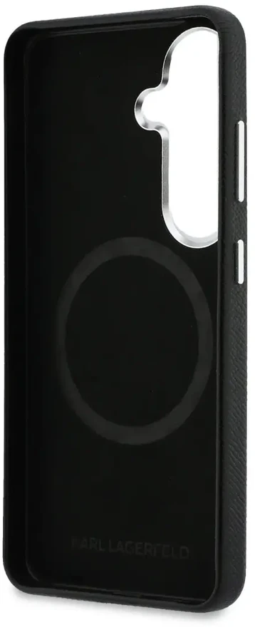 Karl Lagerfeld grūdėtos PU odos K&CH Heads telefono dėklas su MagSafe palaikymu, skirtas Samsung Galaxy S26+, juodas