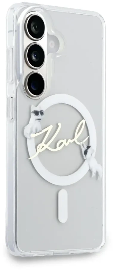 Karl Lagerfeld IML Choupette Karl Script Logo magnetinis dėklas, skirtas iPhone Samsung Galaxy S26, permatomas...