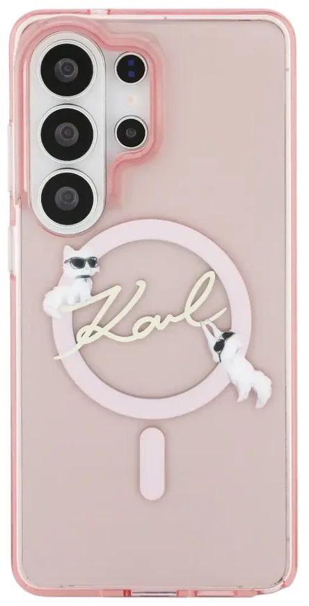 Karl Lagerfeld IML Choupette Karl Script Logo magnetinis dėklas iPhone Samsung Galaxy S26 Ultra rožinis