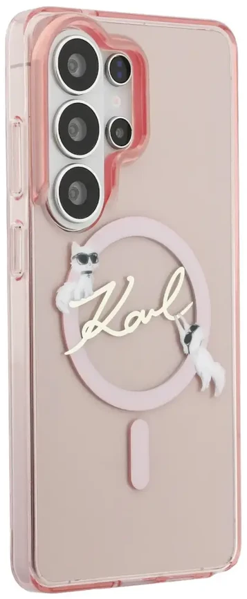 Karl Lagerfeld IML Choupette Karl Script Logo magnetinis dėklas iPhone Samsung Galaxy S26 Ultra rožinis