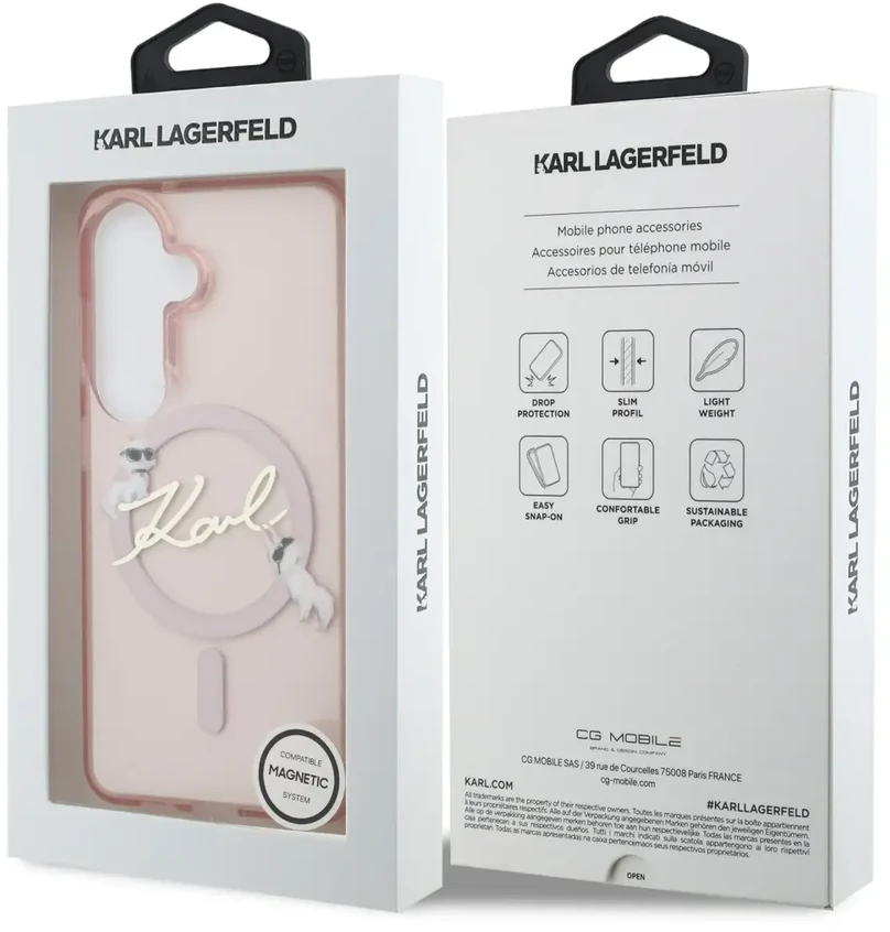 Karl Lagerfeld IML Choupette Karl Script Logo magnetinis dėklas iPhone Samsung Galaxy S26 rožinis