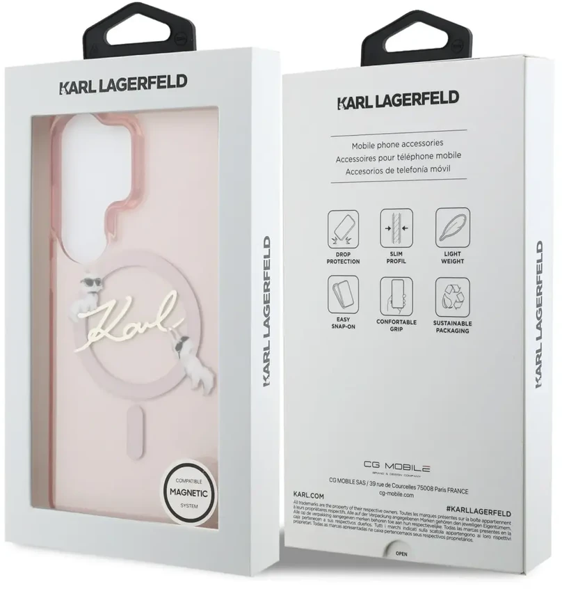 Karl Lagerfeld IML Choupette Karl Script Logo magnetinis dėklas iPhone Samsung Galaxy S26 Ultra rožinis