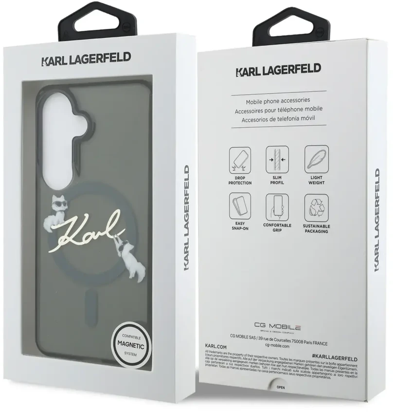 Karl Lagerfeld IML Choupette Karl Script Logo magnetinis dėklas, skirtas iPhone Samsung Galaxy S26, juodas
