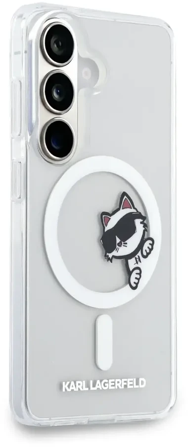 Karl Lagerfeld IML Choupette Peekaboo Logo magnetinis dėklas iPhone Samsung Galaxy S26 telefonui, skaidrus