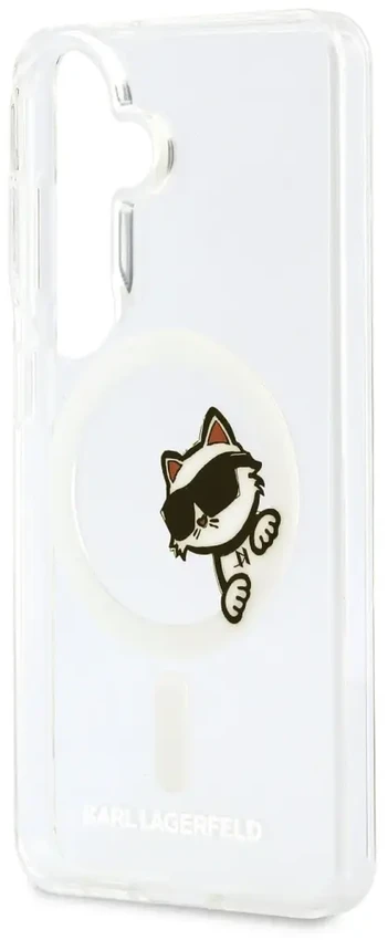 Karl Lagerfeld IML Choupette Peekaboo Logo magnetinis dėklas iPhone Samsung Galaxy S26 telefonui, skaidrus
