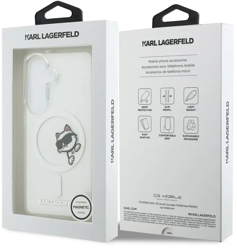 Karl Lagerfeld IML Choupette Peekaboo Logo magnetinis dėklas iPhone Samsung Galaxy S26 telefonui, skaidrus