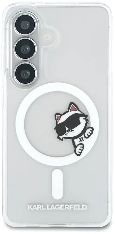 Karl Lagerfeld IML Choupette Peekaboo Logo magnetinis dėklas iPhone Samsung Galaxy S26 telefonui, skaidrus