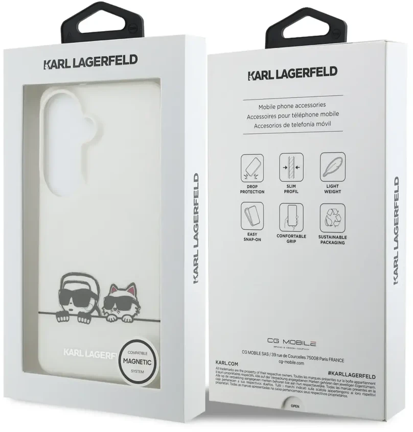 Karl Lagerfeld IML K&CH Peekaboo logotipo magnetinis dėklas, skirtas iPhone Samsung Galaxy S26+, baltas