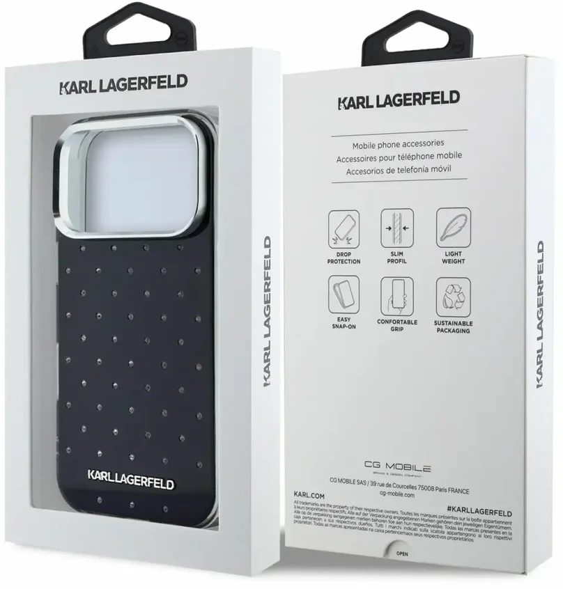Dėklas Karl Lagerfeld IML Rhinestones Allover and Electroplated Logo skirtas iPhone 18 Pro / 17 Pro juodas