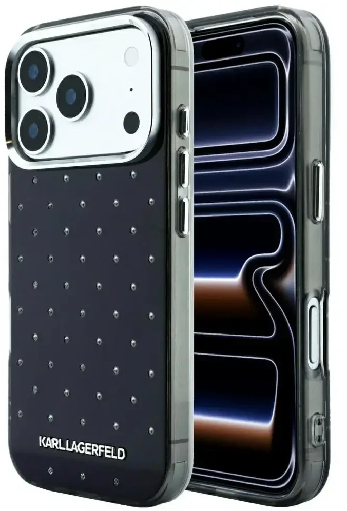 Dėklas Karl Lagerfeld IML Rhinestones Allover and Electroplated Logo skirtas iPhone 18 Pro / 17 Pro juodas