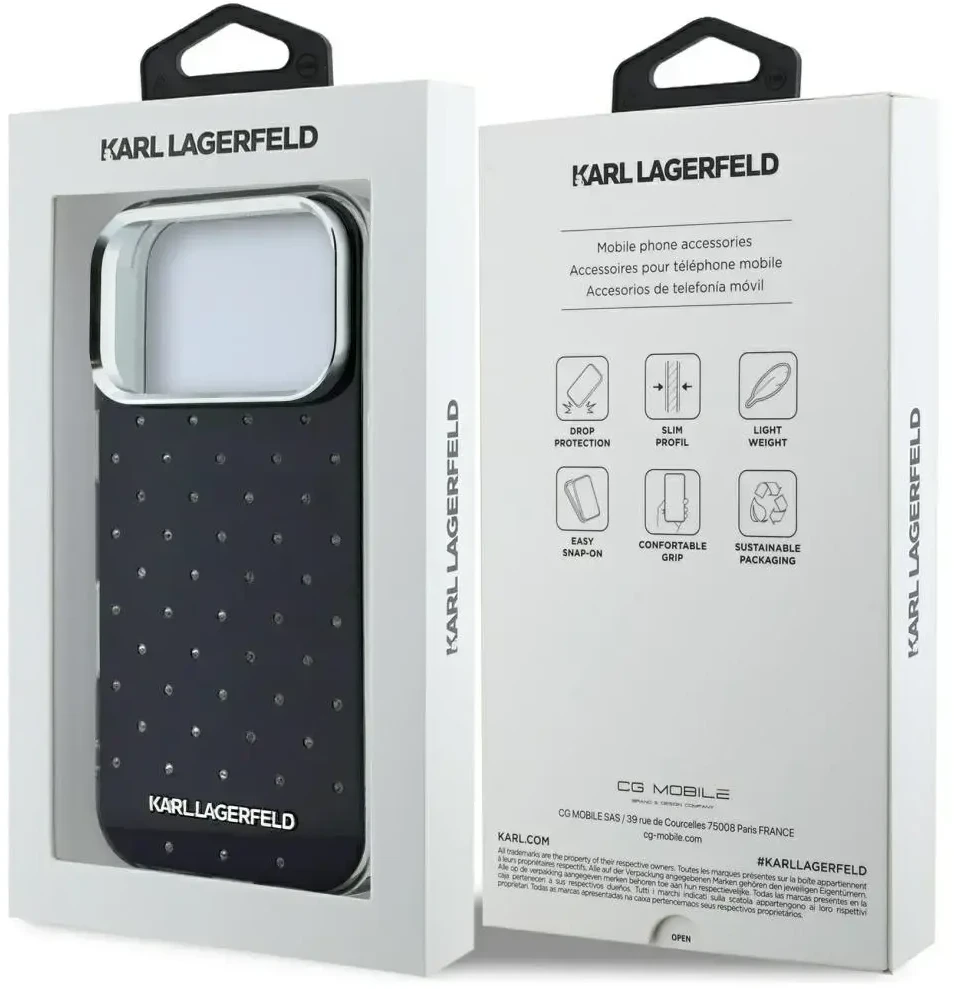 Dėklas Karl Lagerfeld IML Rhinestones Allover and Electroplated Logo skirtas iPhone 18 Pro / 17 Pro juodas