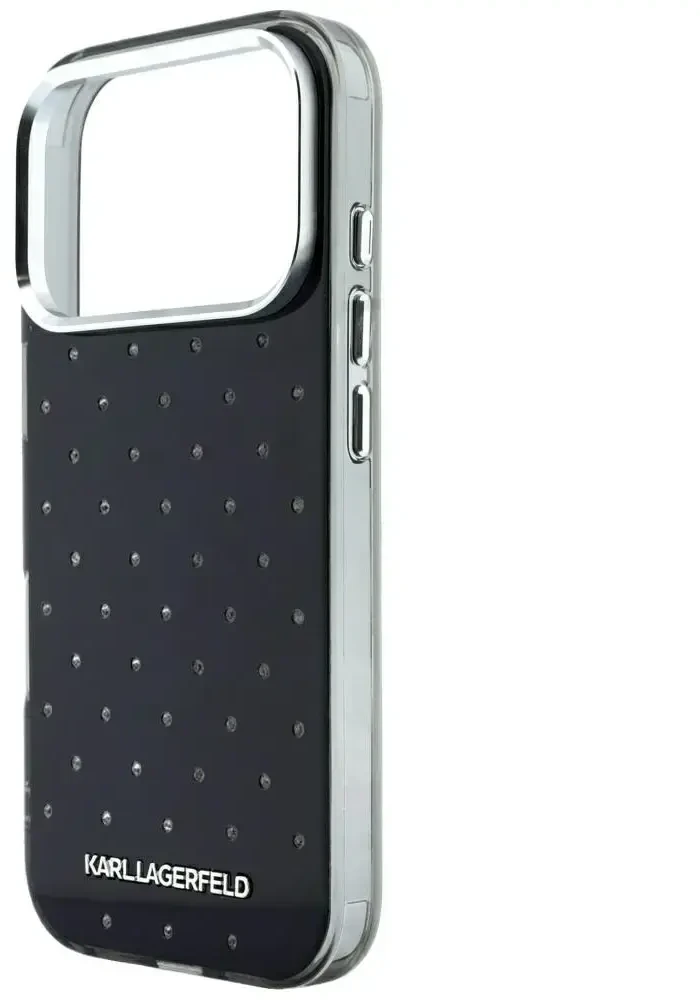 Dėklas Karl Lagerfeld IML Rhinestones Allover and Electroplated Logo skirtas iPhone 18 Pro / 17 Pro juodas