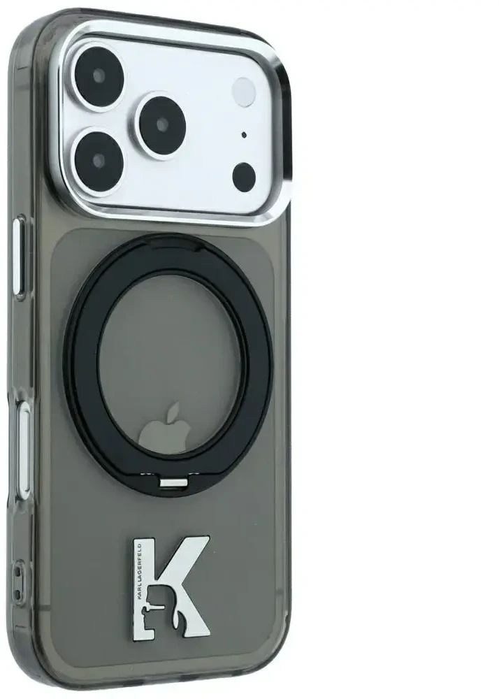 Dėklas Karl Lagerfeld IML Ring Stand 360 Kameo Metal MagSafe Case for iPhone 17 Pro / 18 Pro - Juoda