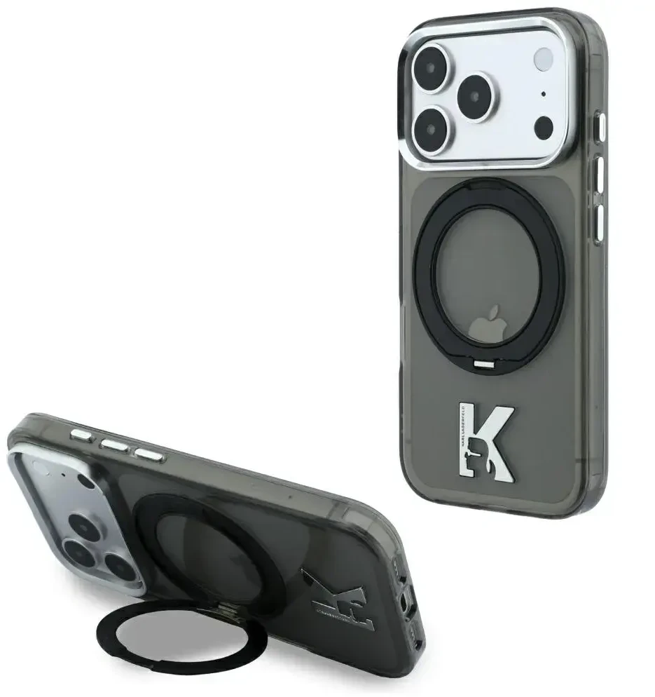 Dėklas Karl Lagerfeld IML Ring Stand 360 Kameo Metal MagSafe Case for iPhone 17 Pro / 18 Pro - Juoda