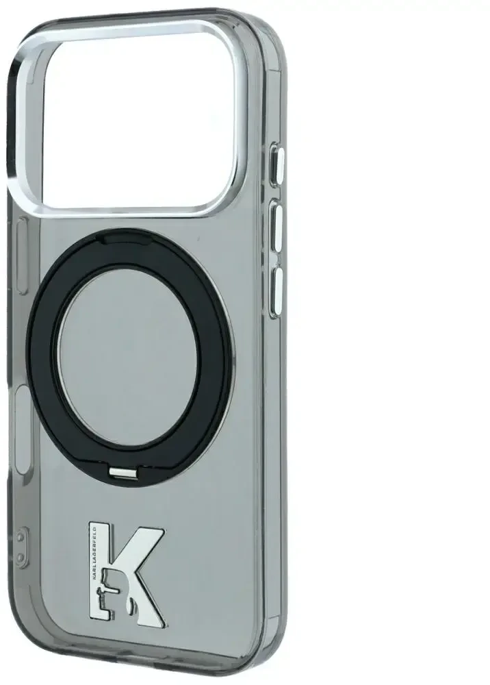 Dėklas Karl Lagerfeld IML Ring Stand 360 Kameo Metal MagSafe Case for iPhone 17 Pro / 18 Pro - Juoda