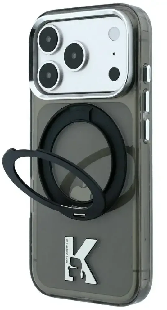 Dėklas Karl Lagerfeld IML Ring Stand 360 Kameo Metal MagSafe Case for iPhone 17 Pro / 18 Pro - Juoda