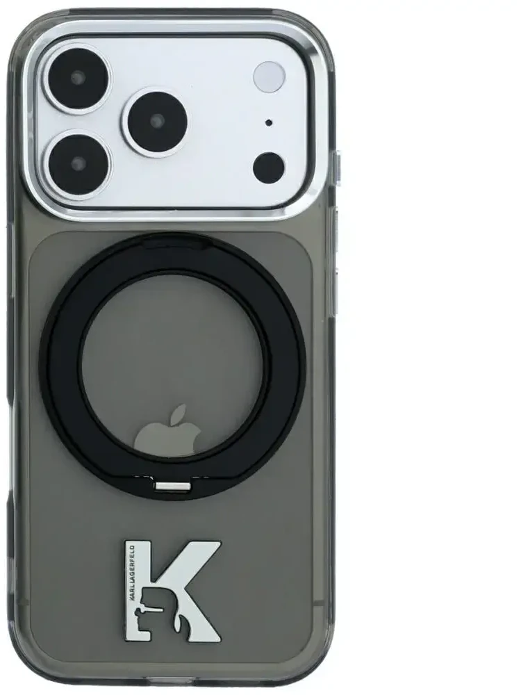 Dėklas Karl Lagerfeld IML Ring Stand 360 Kameo Metal MagSafe Case for iPhone 17 Pro / 18 Pro - Juoda