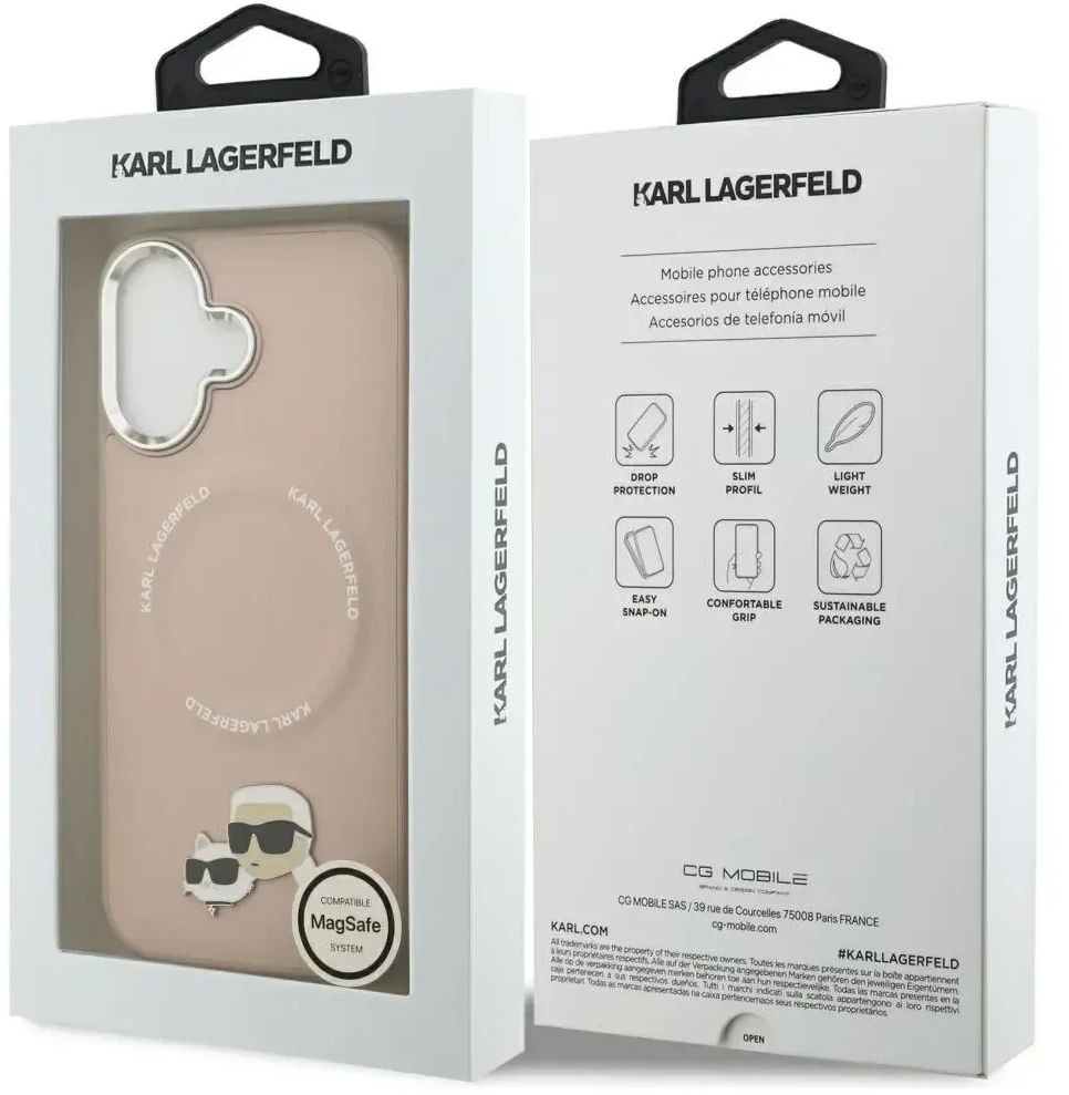 Karl Lagerfeld Karl & Choupette Pins MagSafe dėklas skirtas Apple iPhone 17 rožinės spalvos
