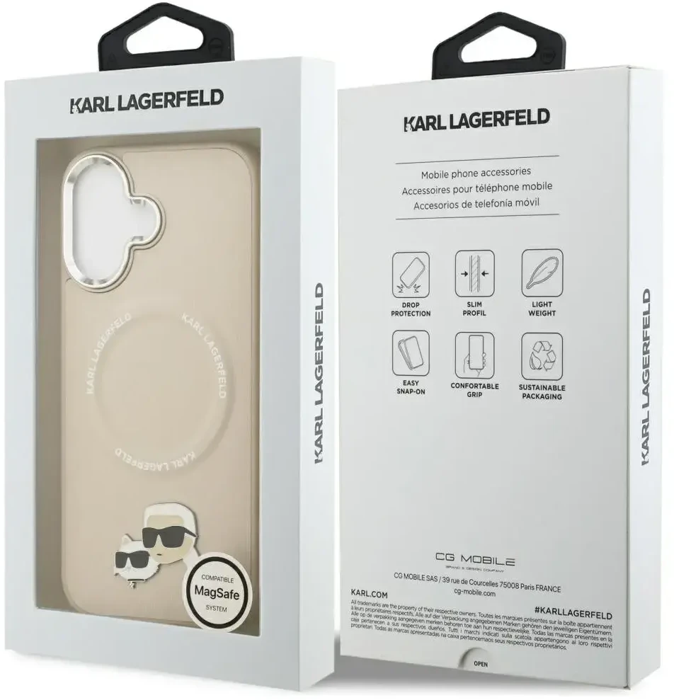 Karl Lagerfeld Karl & Choupette Pins MagSafe dėklas skirtas Apple iPhone 17 rusvai gelsvas