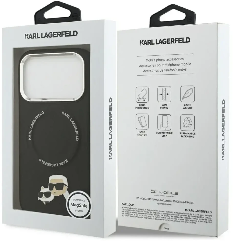 Karl Lagerfeld Karl & Choupette Pins MagSafe dėklas skirtas iPhone 17 Pro Max juodos spalvos