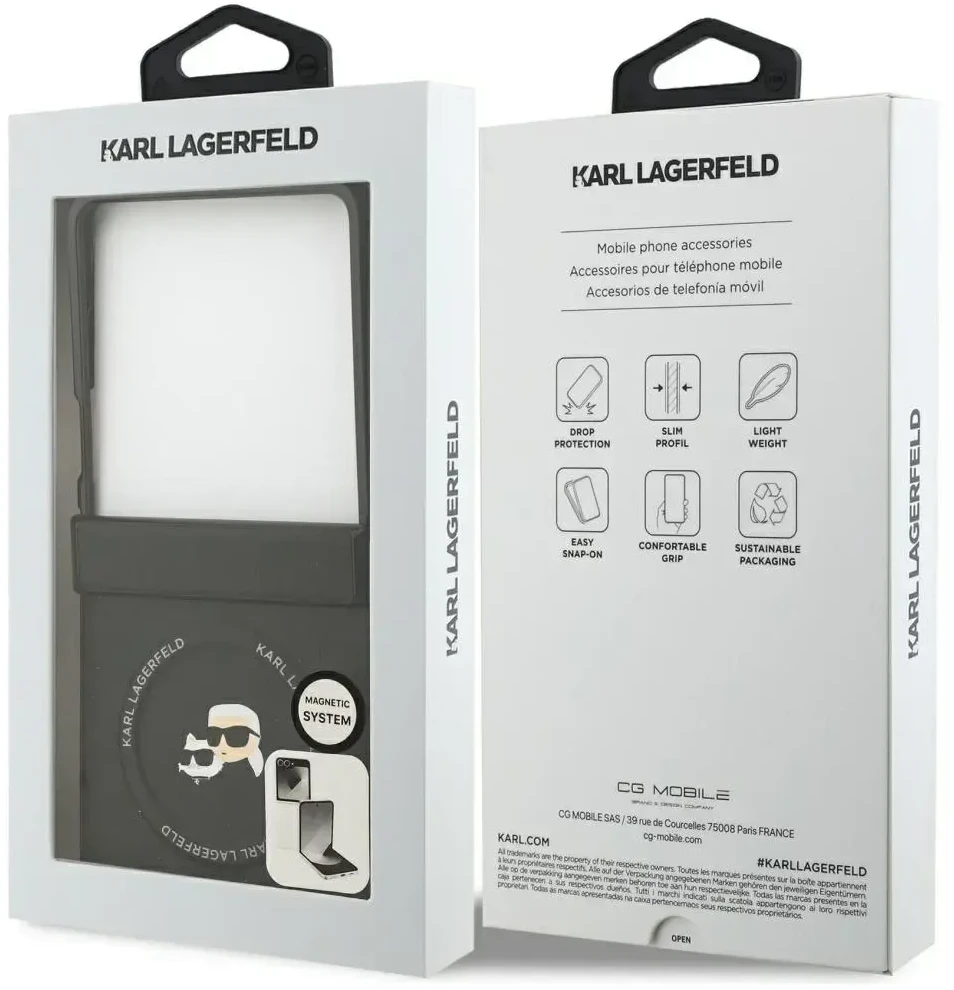 Karl Lagerfeld Karl&Choupette Pins MagSafe dėklas skirtas Samsung Galaxy Z Flip7 juodos spalvos