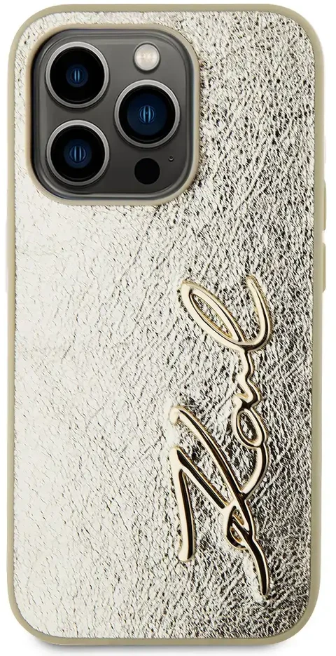 Karl Lagerfeld Wrinkled PU Signature Logo dėklas telefonui Apple iPhone 15 Pro Max aukso spalvos