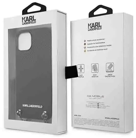 Karl Lagerfeld KLHCP13MPMK Apple iPhone 13 / 14 / 15 6,1″ kietas dėklas juodos spalvos Leather Textured and Chain