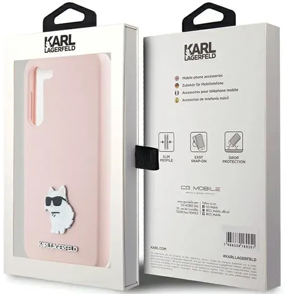 Dėklas Karl Lagerfeld KLHCS23MSMHCNPP S23+ S916 rožinės spalvos Silicone Choupette Metal Pin