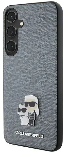 Samsung Galaxy S24 Plus Karl Lagerfeld dėklas Saffiano Karl & Choupette Metal Pin (KLHCS24MPSAKCMPK) juodos spalvos
