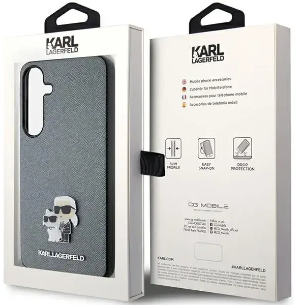 Samsung Galaxy S24 Plus Karl Lagerfeld dėklas Saffiano Karl & Choupette Metal Pin (KLHCS24MPSAKCMPK) juodos spalvos