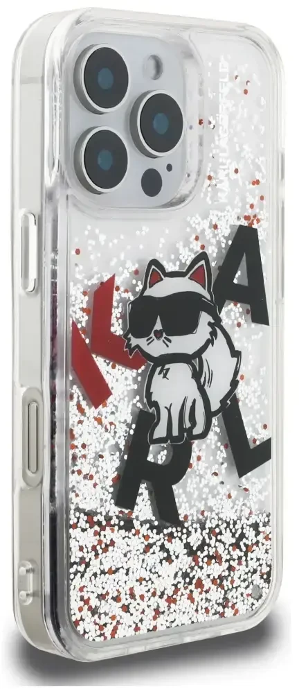Karl Lagerfeld Liquid Blizgučiais puoštas „Choupette“ logotipo dėklas, skirtas iPhone 16 Pro – skaidrus