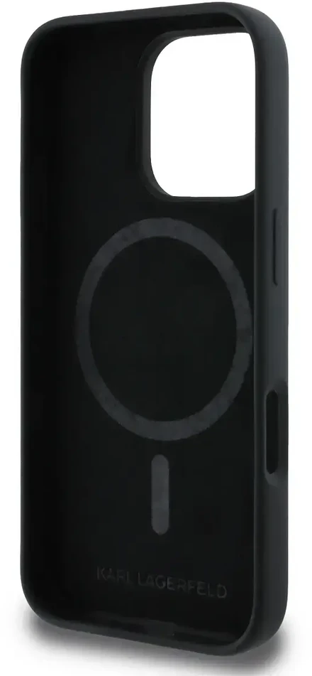 Karl Lagerfeld Skysto silikono dvi galvutės telefonų dėklas su MagSafe palaikymu iPhone 16 Pro juodas