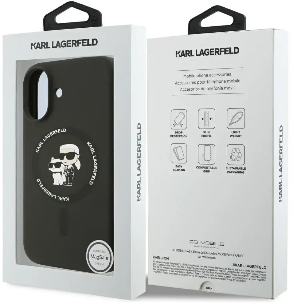 Karl Lagerfeld Liquid Silicone Karl and Choupette MagSafe dėklas skirtas Apple iPhone 17 juodos spalvos