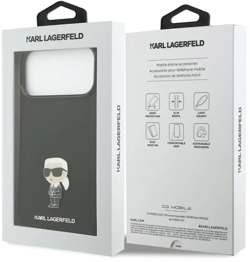 Karl Lagerfeld Skysto silikono Metal Ikonik telefono dėklas, skirtas Apple iPhone 17 Pro Max, juodas