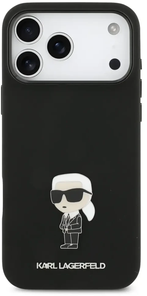 Karl Lagerfeld Skysto silikono Metal Ikonik telefono dėklas, skirtas Apple iPhone 17 Pro Max, juodas